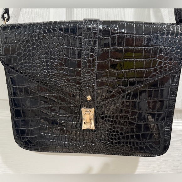 Black Croc Embossed Patent Leather Shoulder Bag - Picture 1 of 6